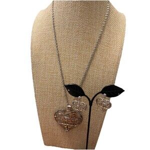 Heart Shaped Horse And Carriage Necklace and Earrings Set Silver Tone By Best